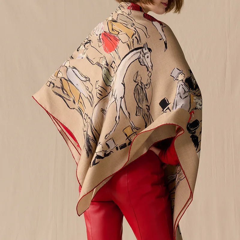 Luxurious 140*140cm Square Horse Ranch Digital Printed Elegant Fashion Cashmere Silk Scarf Hand Rolled  MOQ 1PC
