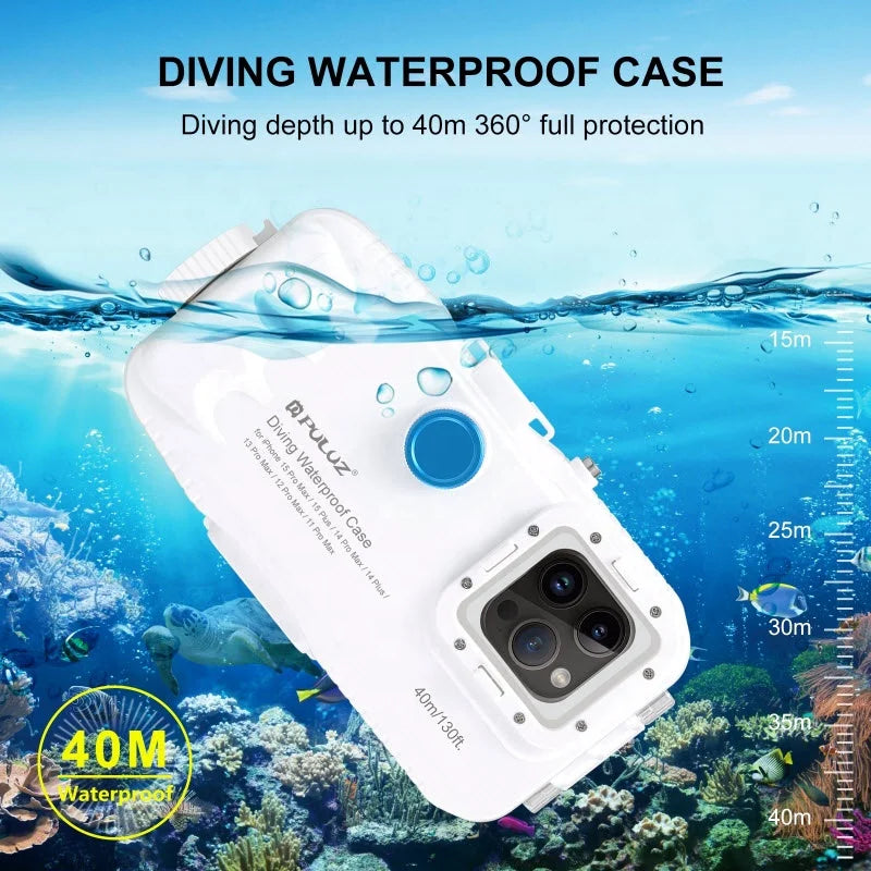 PULUZ 40m Photo Video Underwater Housing Cover Waterproof PC Diving Phone Case for iPhone White Lanyard Mobile Phone Accessories Tidesmit