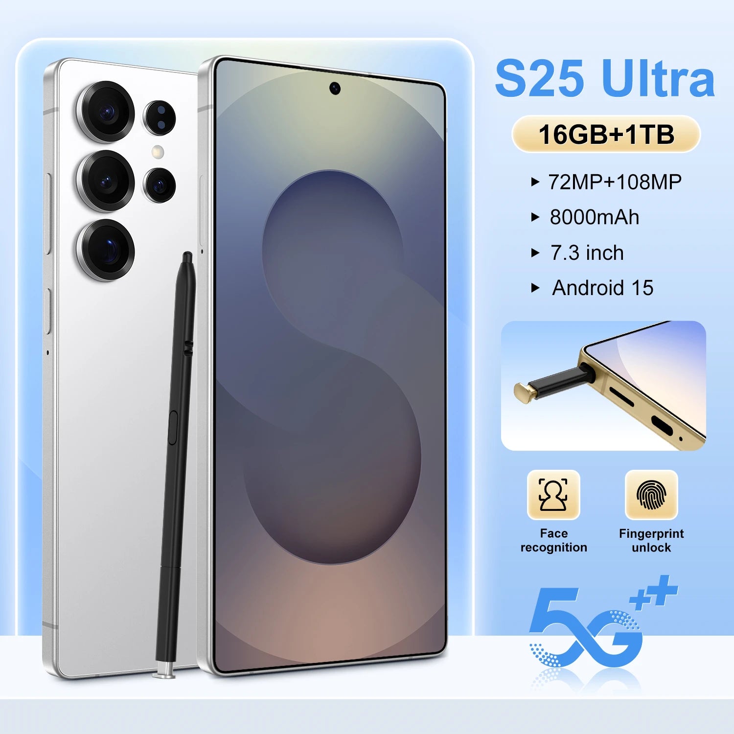 Ultra 5G S25 smartphone showing 7.3 inch HD display and 108MP camera features in lifestyle gallery view