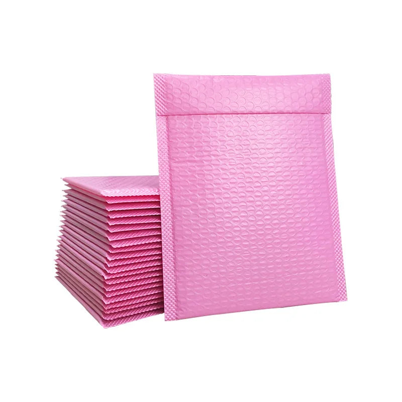 Pink poly bubble mailer envelope with self-seal flap and raised bubble texture