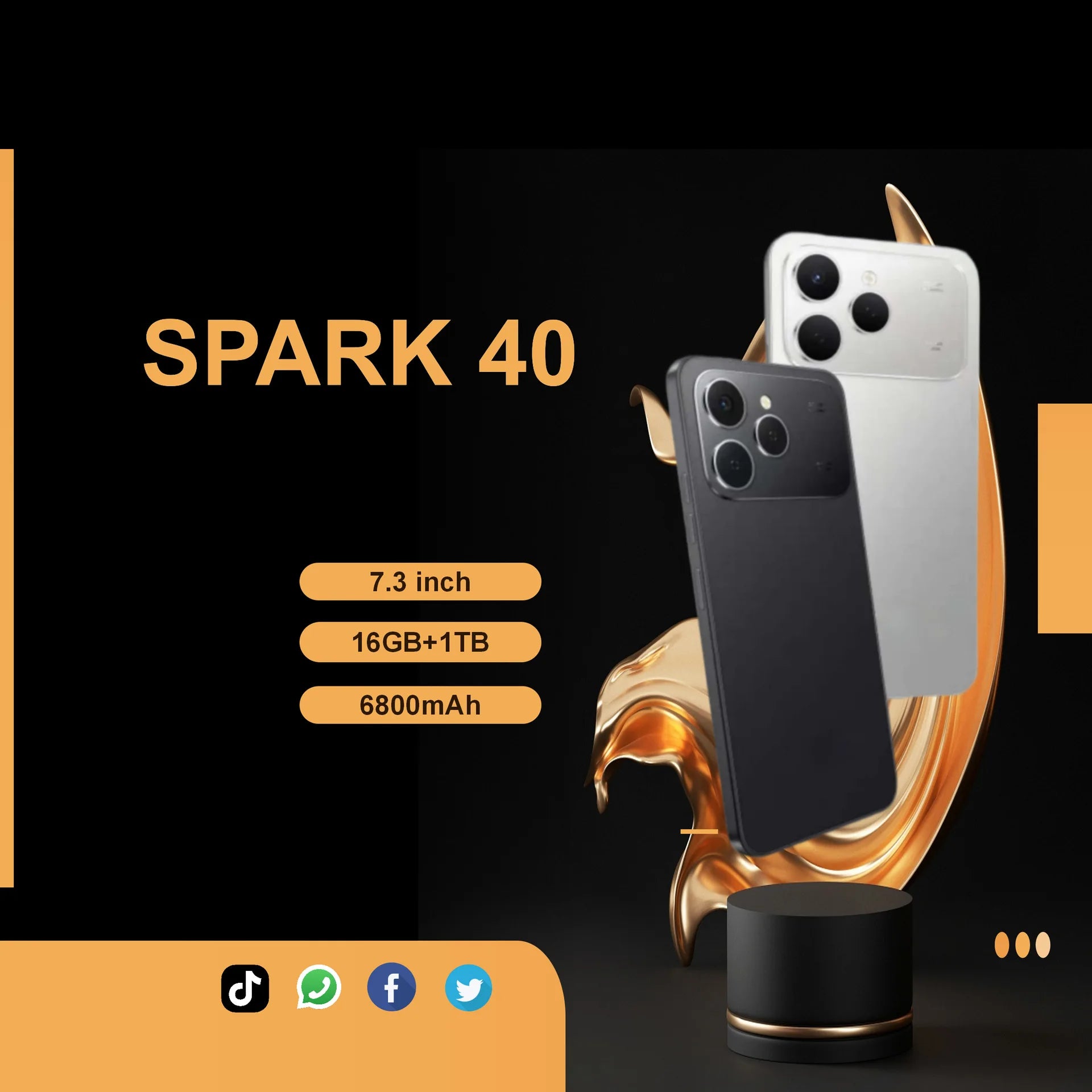 Spark 40 5G smartphone with 16GB RAM, 1TB storage, 108MP camera, and fast charging, shown in product gallery view.