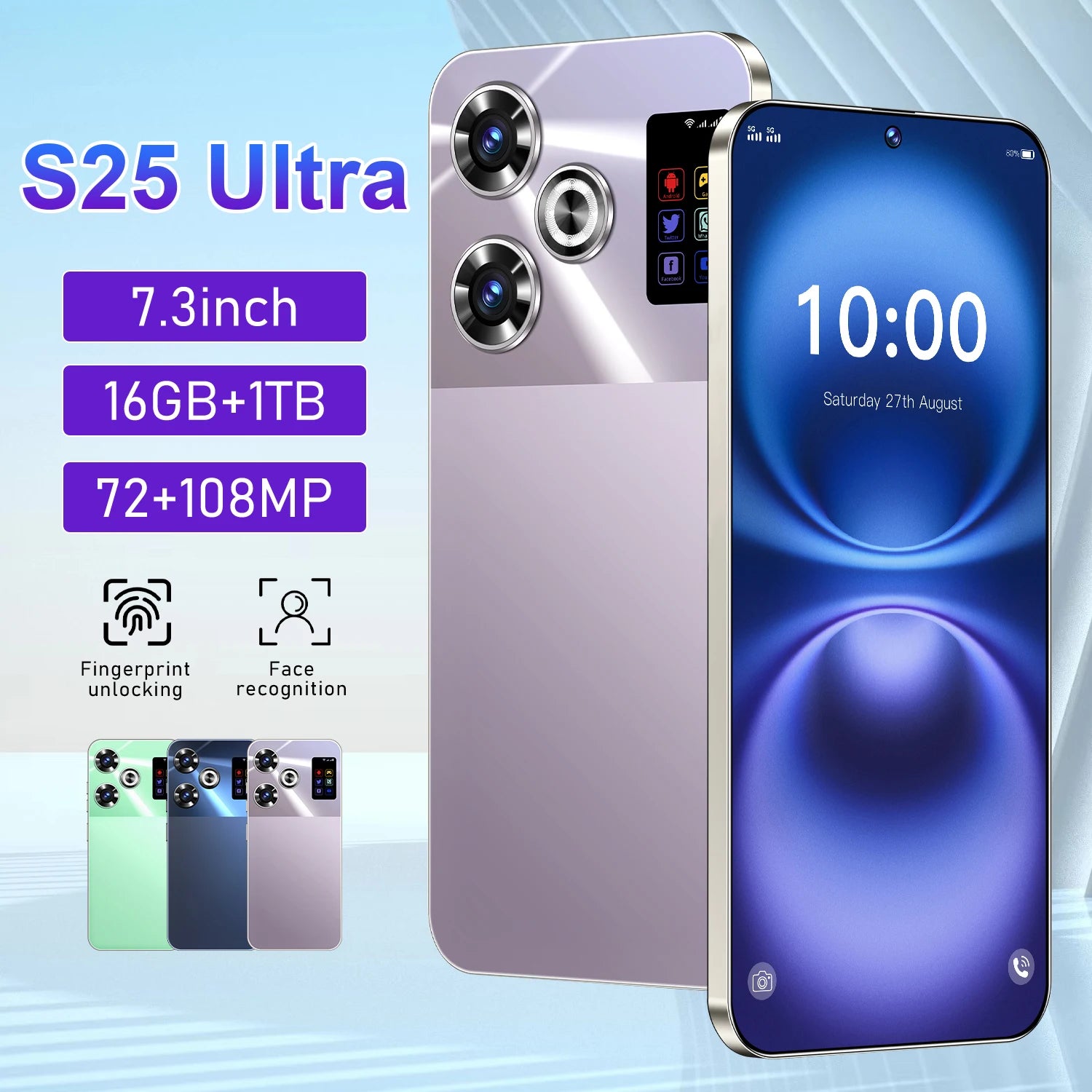 S25 Ultra 5G Smartphone 1TB 16GB RAM AMOLED Display - Green Purple 16g 1TB Tidesmit