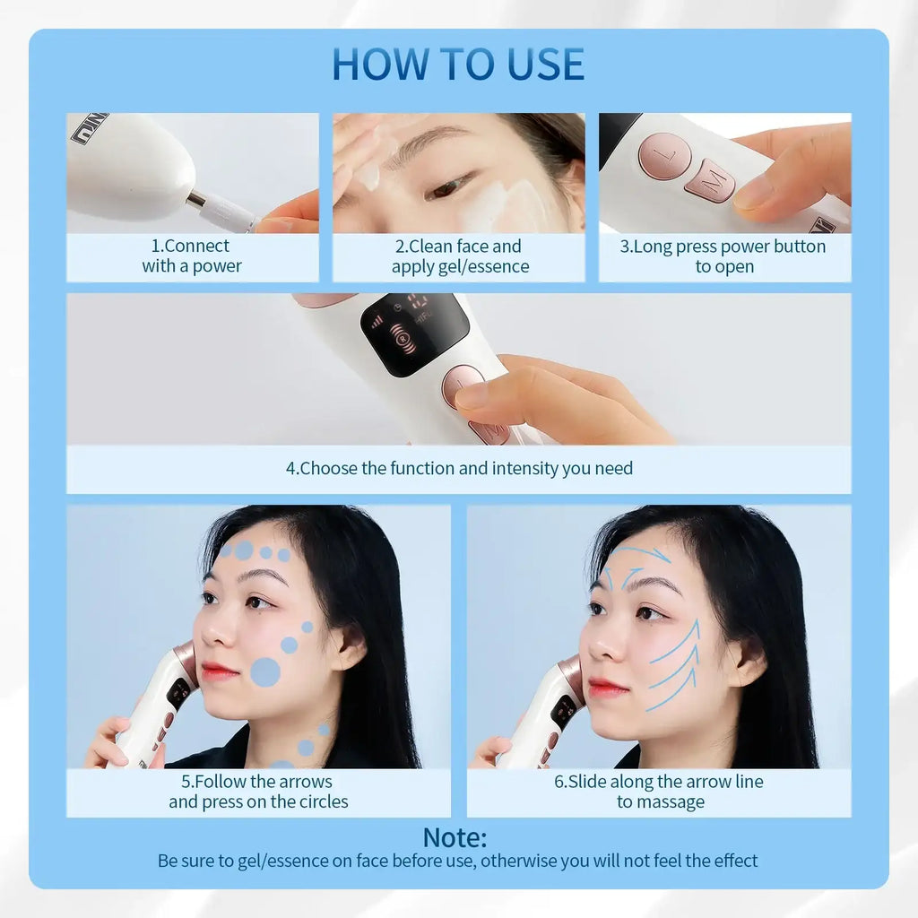 Instructional graphic for a white and rose-gold mini HIFU facial lifting and skin tightening massager.