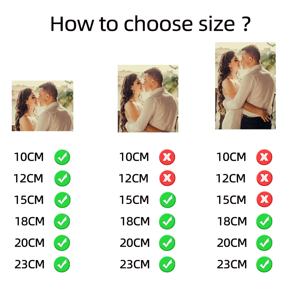 Size guide showing recommended custom photo print dimensions based on portrait, square, and landscape image cropping.