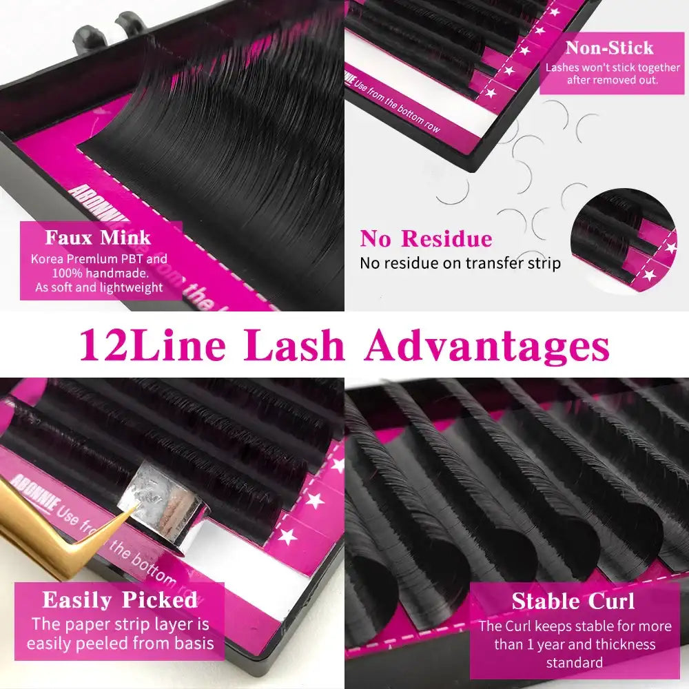 Abonnie 12-line matte black silk faux mink lash extension tray highlighting non-stick, residue-free, and stable curl.
