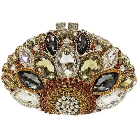 Luxury crystal rhinestone clutch purse, oval designer evening handbag with multi-colored faceted jewels and gold trim.