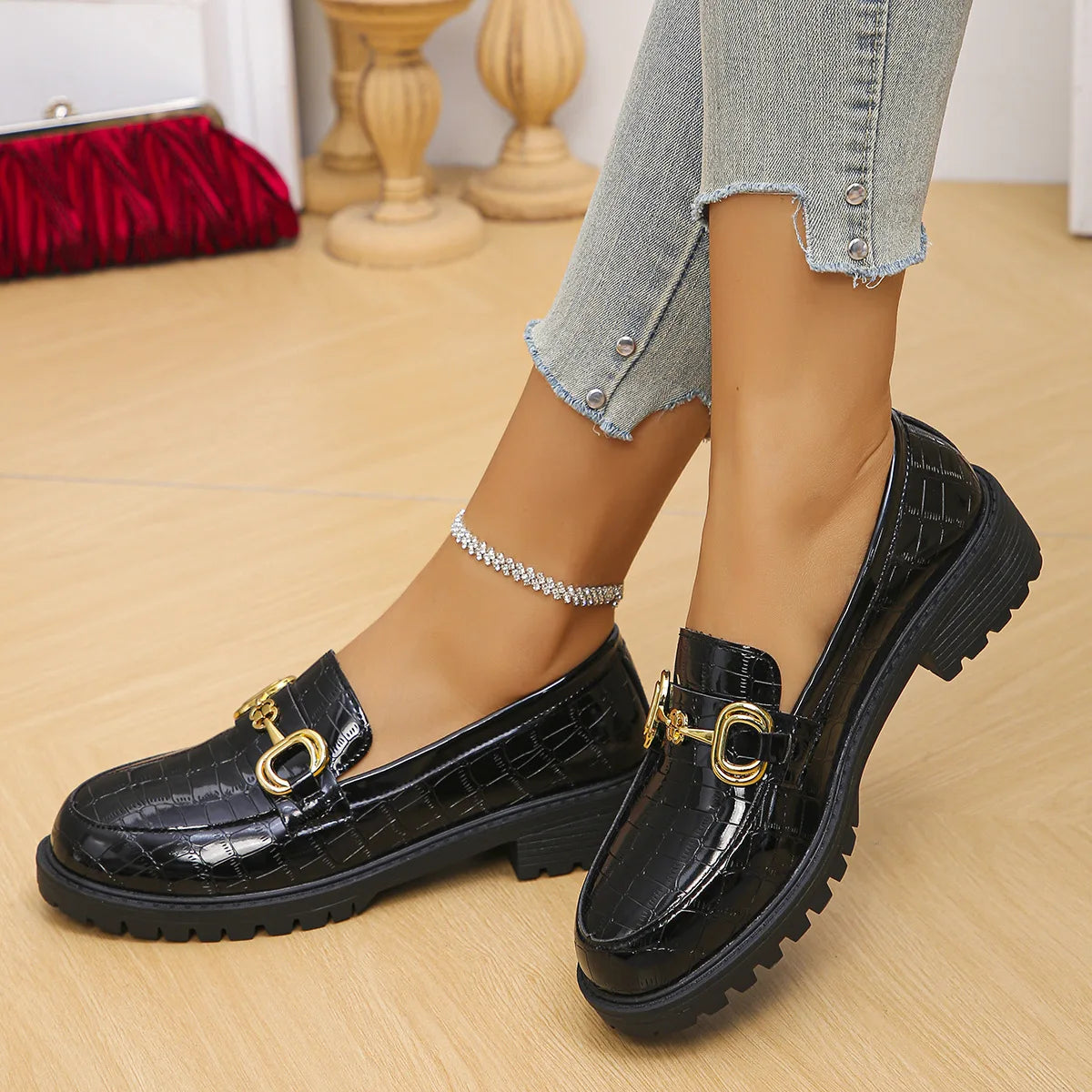 Women's Loafers Burgundy Patent Leather Platform Shoes Round Toe Metal Buckle Casual Fashionable Dress Shoes for Women Ladies