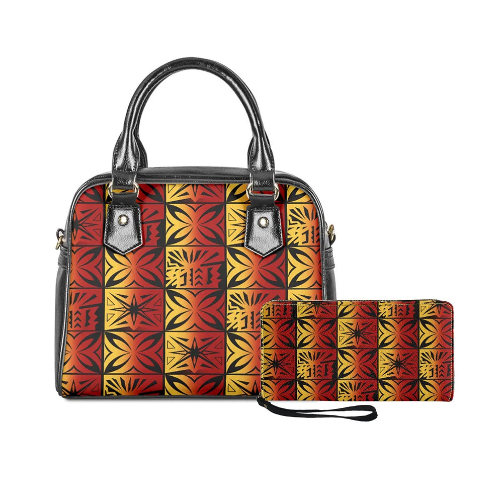 2-piece handbag and wallet set with Polynesian tribal monster leaf print in black, red, and yellow gradient colors.
