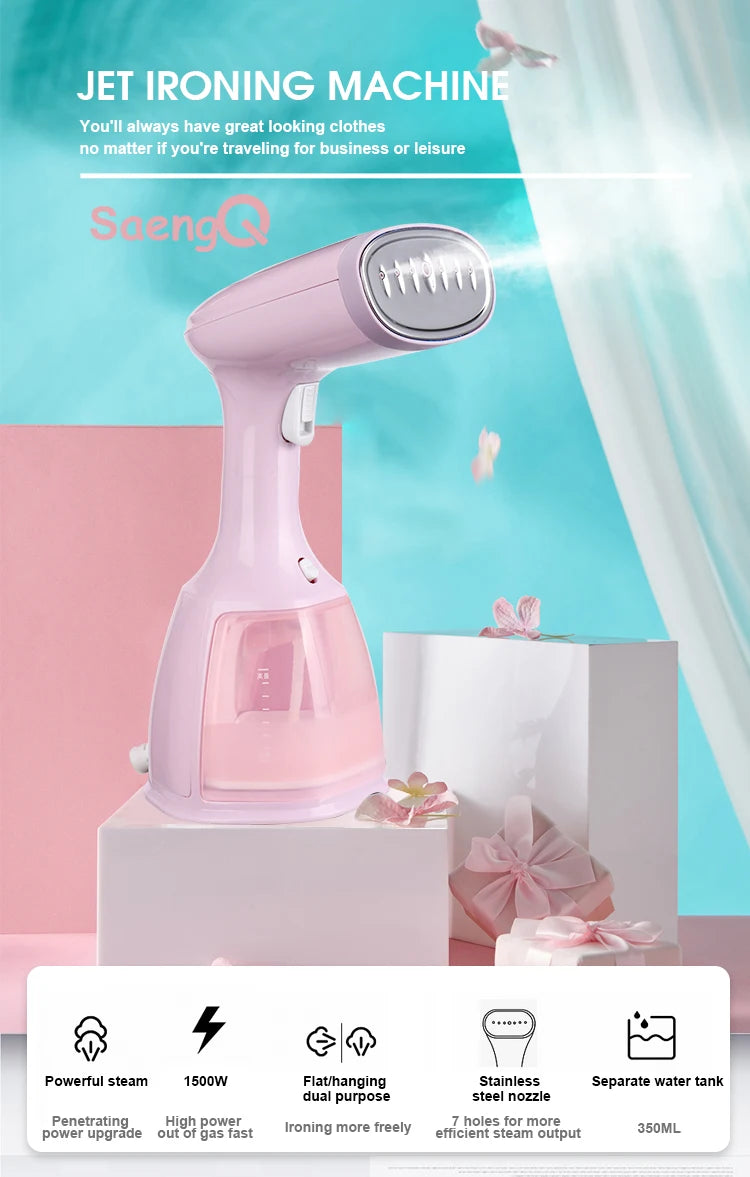 Tidesmit 1500W handheld garment steamer showing 350ml water tank and compact nozzle for portable travel ironing