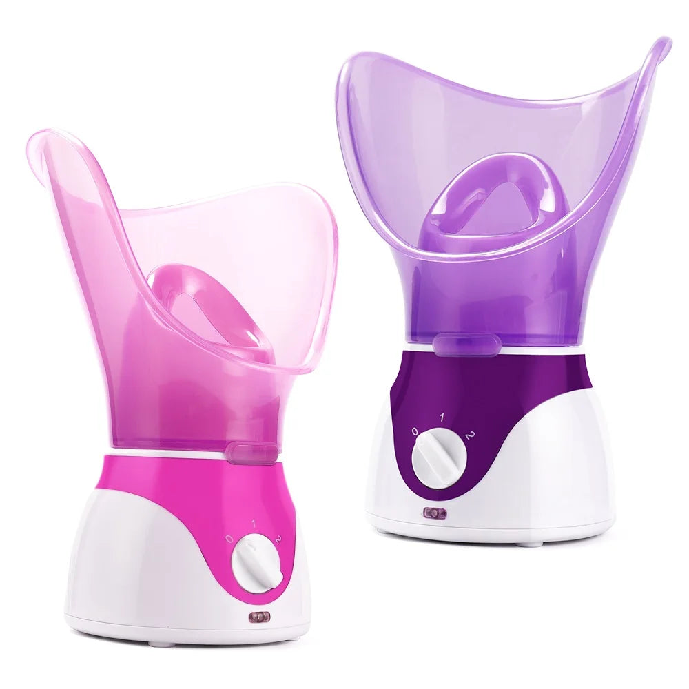 Pink and purple facial steamers for deep pore cleaning, skin moisturizing, and professional home spa hot fog treatments.