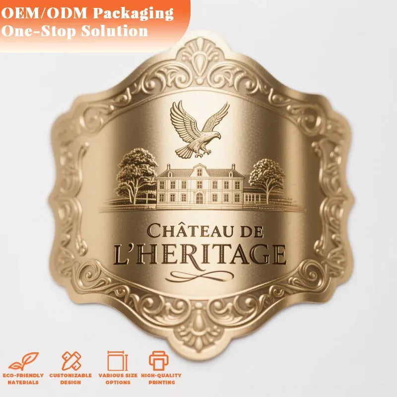 Embossed gold metal label sticker with ornate frame and château emblem