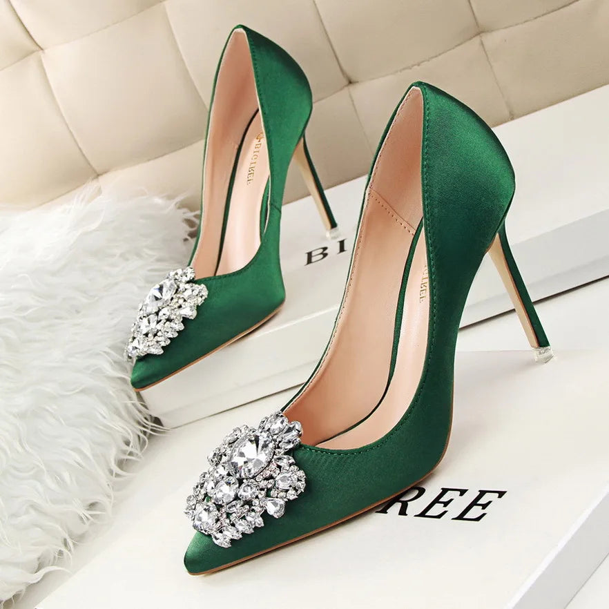 2026 New Water-Crystal Thin Heels Slip-On Solid Women's Sexy High Heel Office Formal Dress Shoes 10cm
