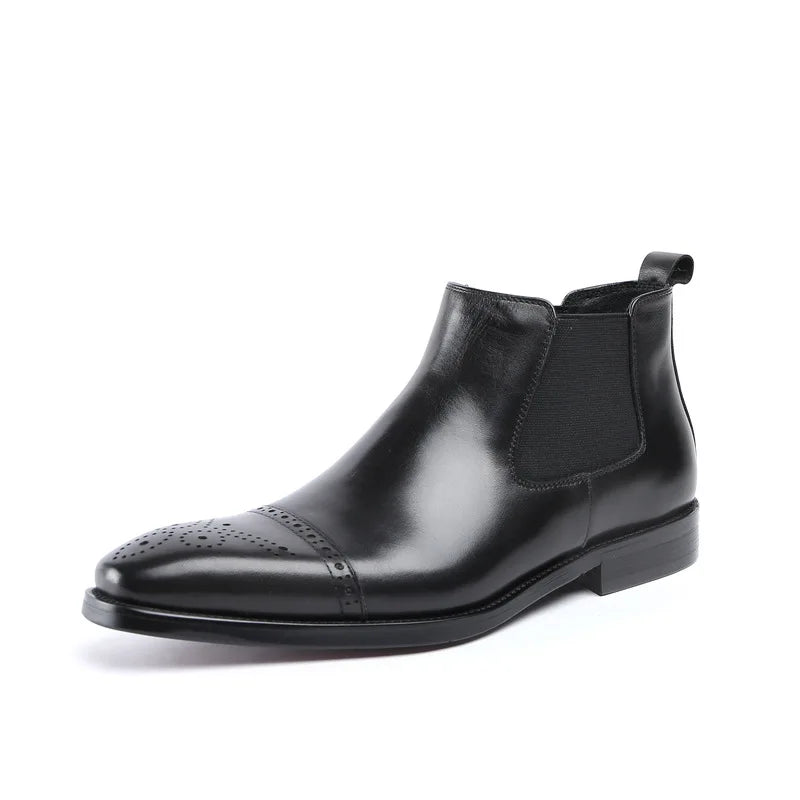 2026 New Men's Sleeve Short Boots British Pointed Carved Genuine Leather Business Formal High Top Leather Shoes