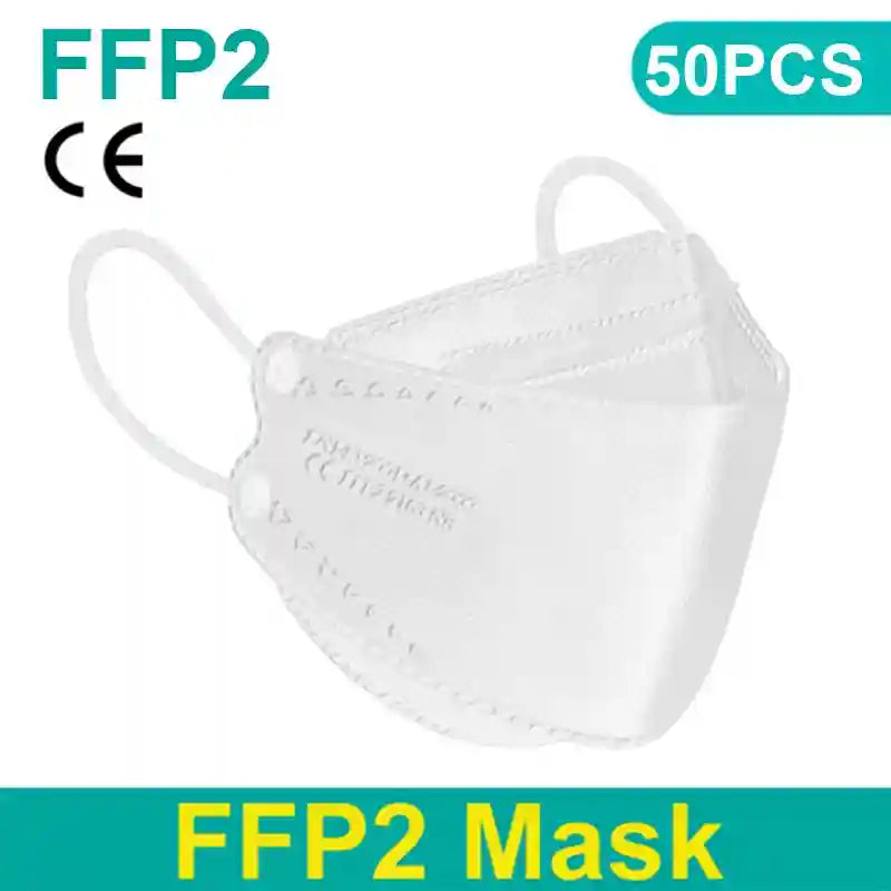 White 4-layer FFP2 KN95 respirator mask with ear loops, CE certified dustproof protective face mask, 50-pack.