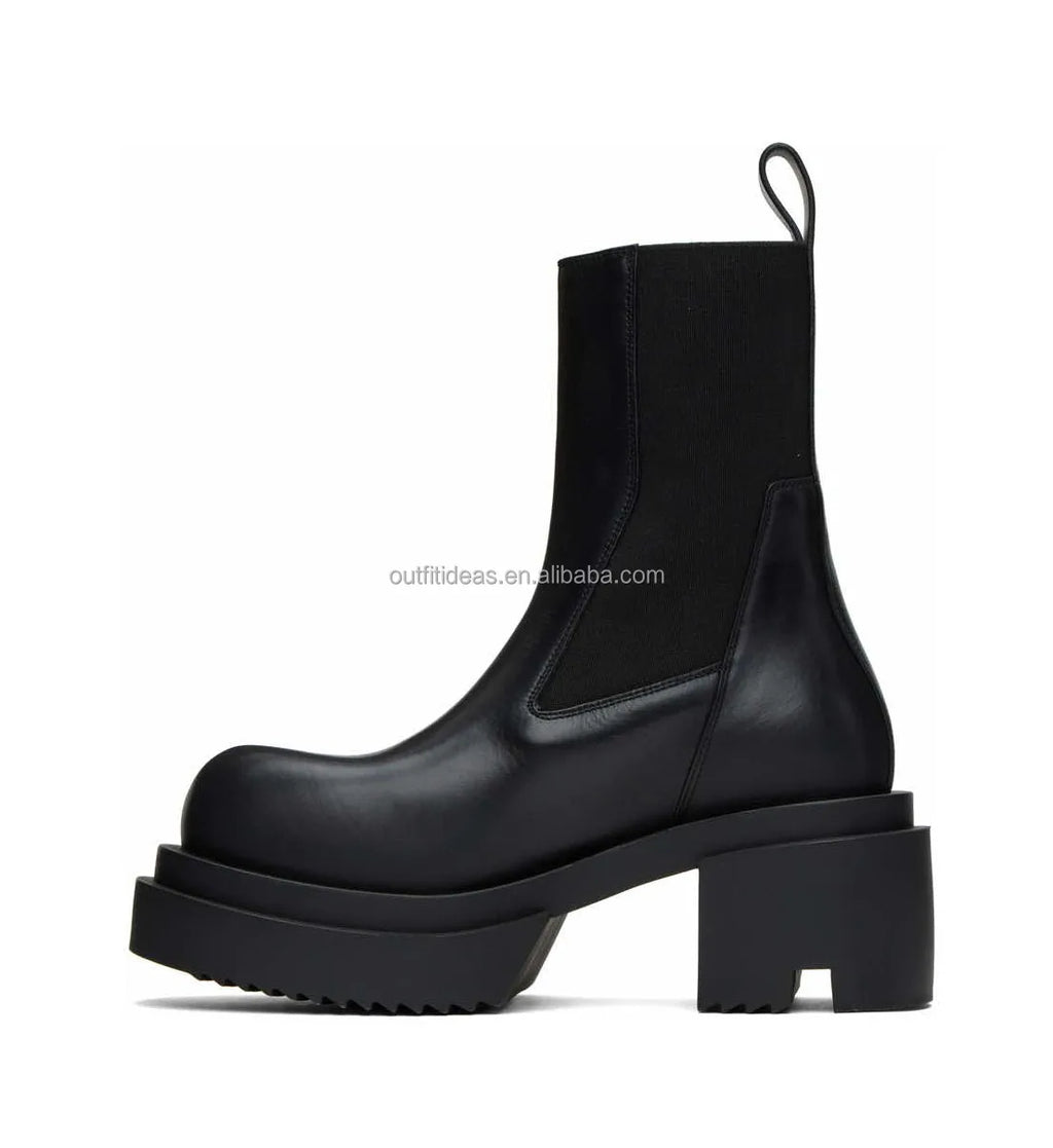 Calfskin Boots in Black Original Unisex Women Platform Block Heel Dress Leather Shoes Men Chelsea Boots Beatle Bogun Ankle Boots