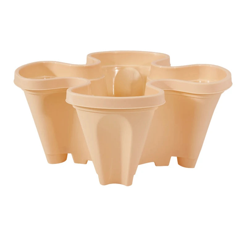 Stackable vertical flower planter pots, beige plastic with curved slots