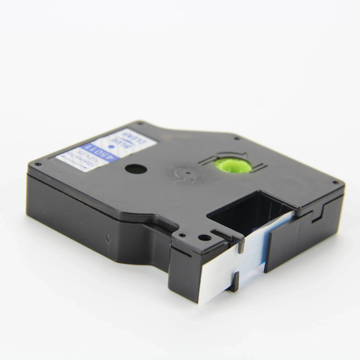 Dymo D1 thermal cassette cartridge, black housing with blue label backing