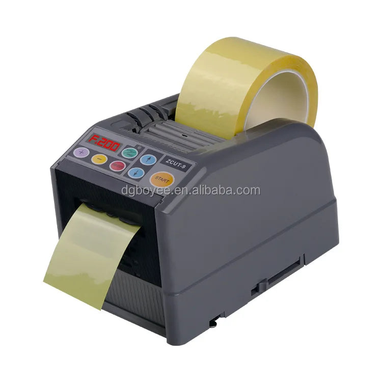 Automatic tape dispenser with yellow tape roll and control panel on dark gray body