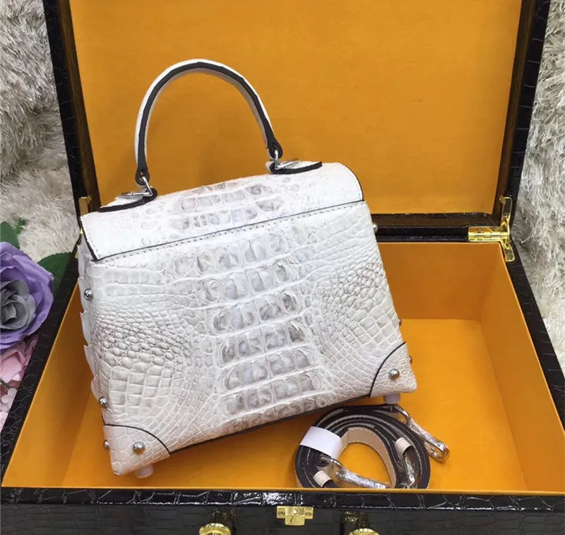 Authentic Exotic Crocodile Skin Women's Small White Purse Genuine Real Alligator Leather Lady Handbag Female Cross Shoulder Bag