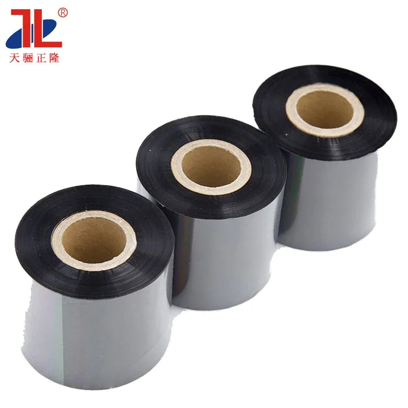 Black thermal transfer resin ribbon roll set on gray cores, three rolls shown
