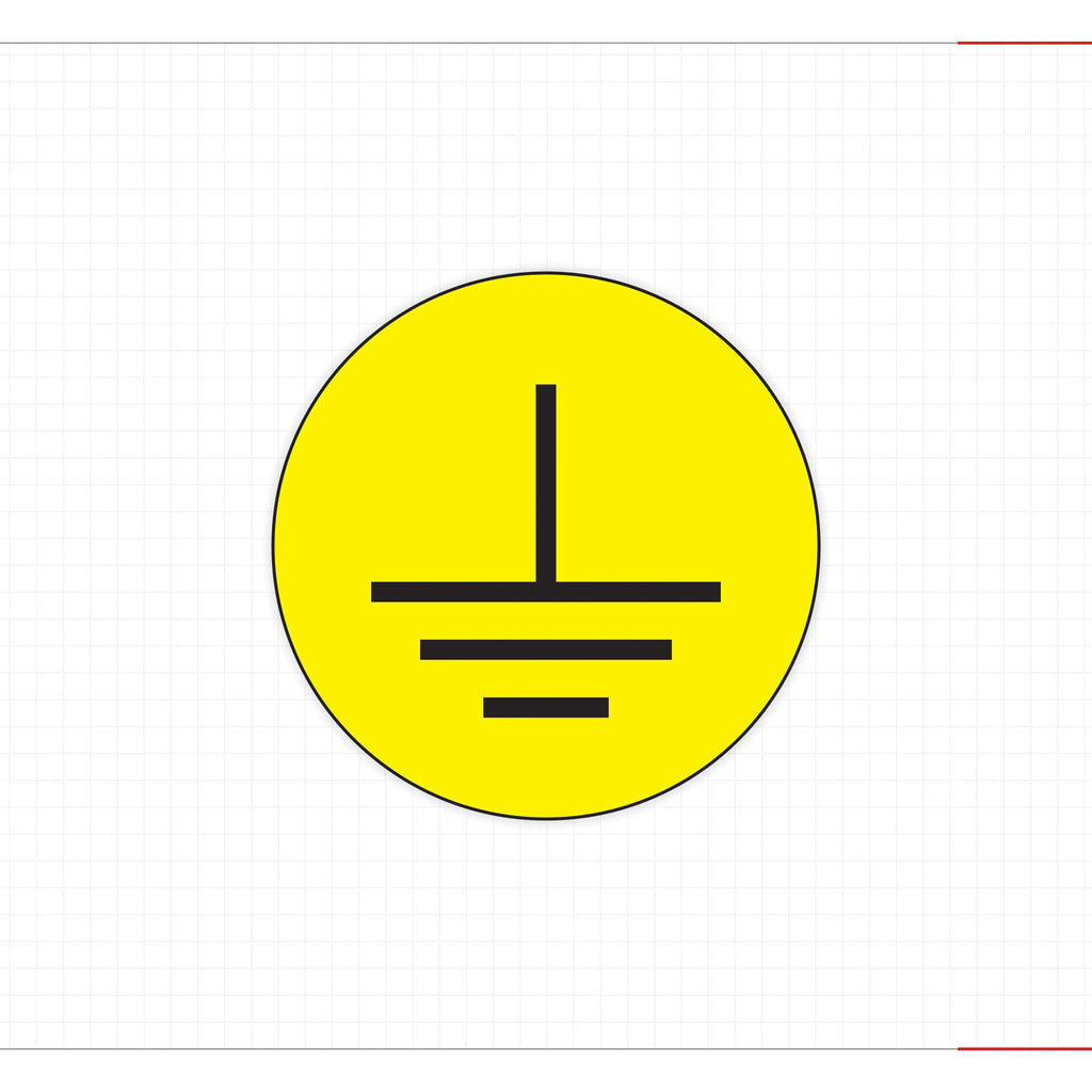 Yellow grounding symbol safety sticker with black earth icon on round label