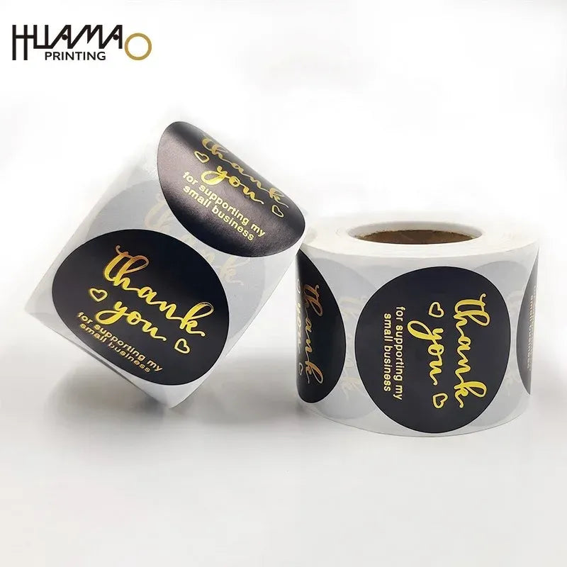 Black thank-you sticker roll with gold “Thank you” lettering and hearts, waterproof vinyl