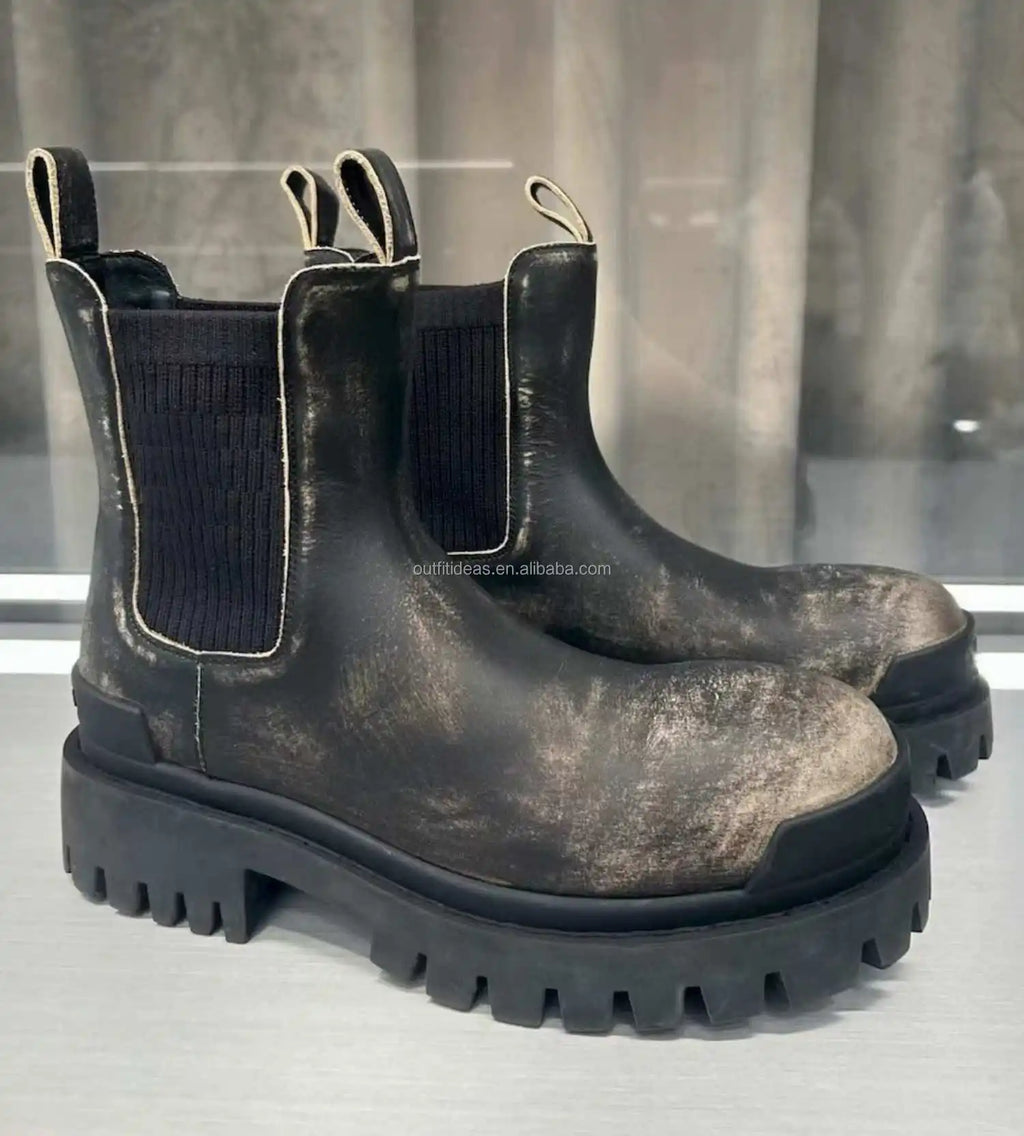 Extra Round Toe Worn-Out Effect Brown Distressed Bullskin Leather Dress Shoes Distressed Unisex Men Worn-out Strike Chelsea Boot