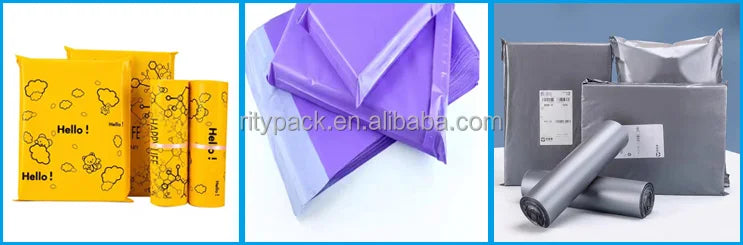 Colorful plastic bags collage: yellow, purple, and silver mailers