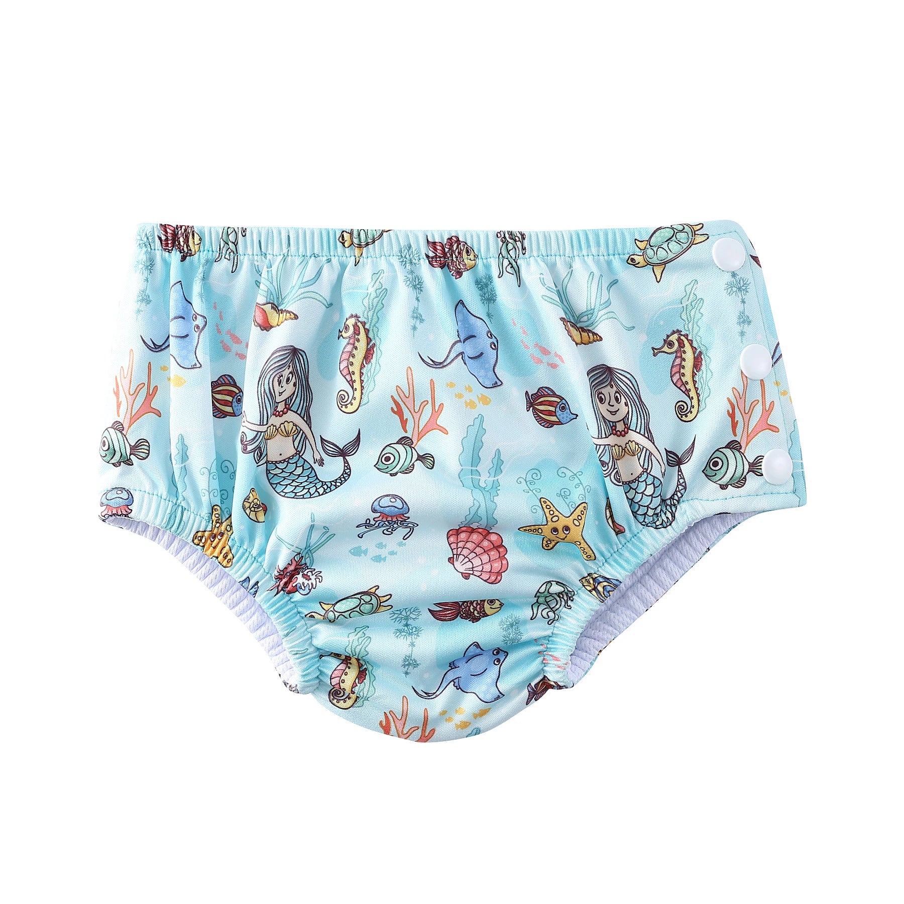 Reusable baby swim diaper with mermaid and sea life print, featuring side snap buttons for easy changes.