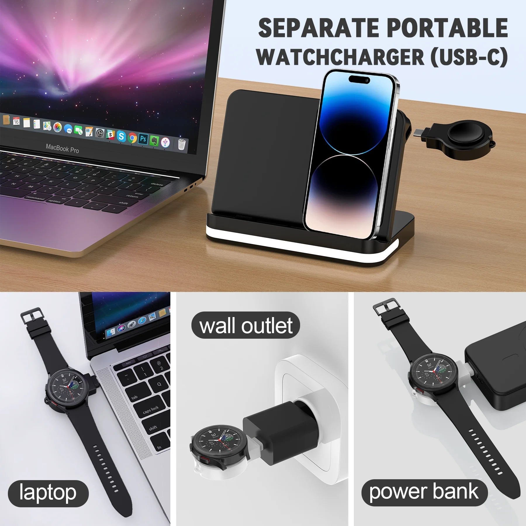 Power bank charger-2024 3-in-1 Wireless Charger Station 15W Fast Charging Magnetic Stand Smartphones Tablets Headphones Watches (QC3.0 Compatible) Tidesmit