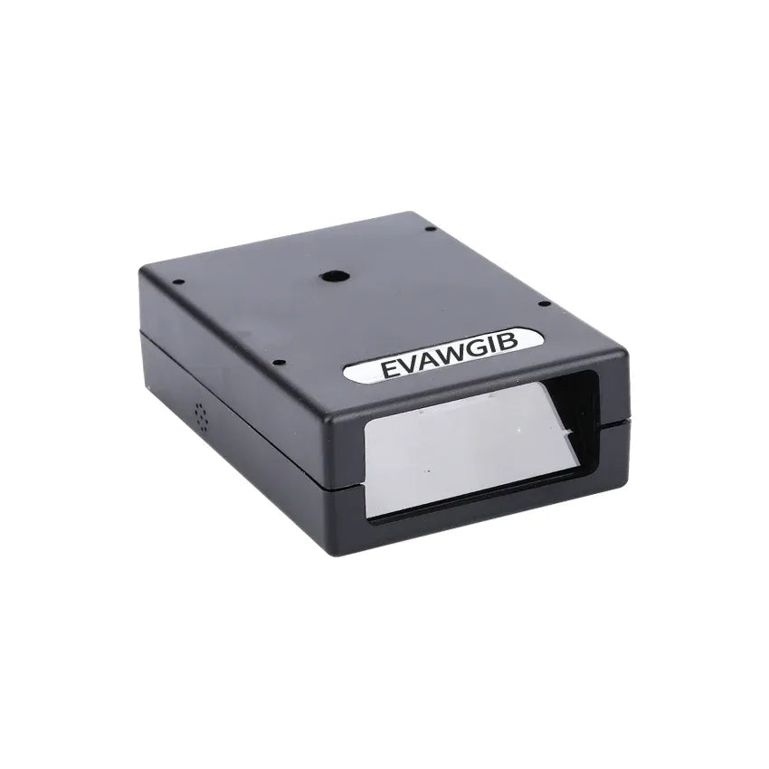 Fixed 1D barcode laser scanner with front scanning aperture and top label area