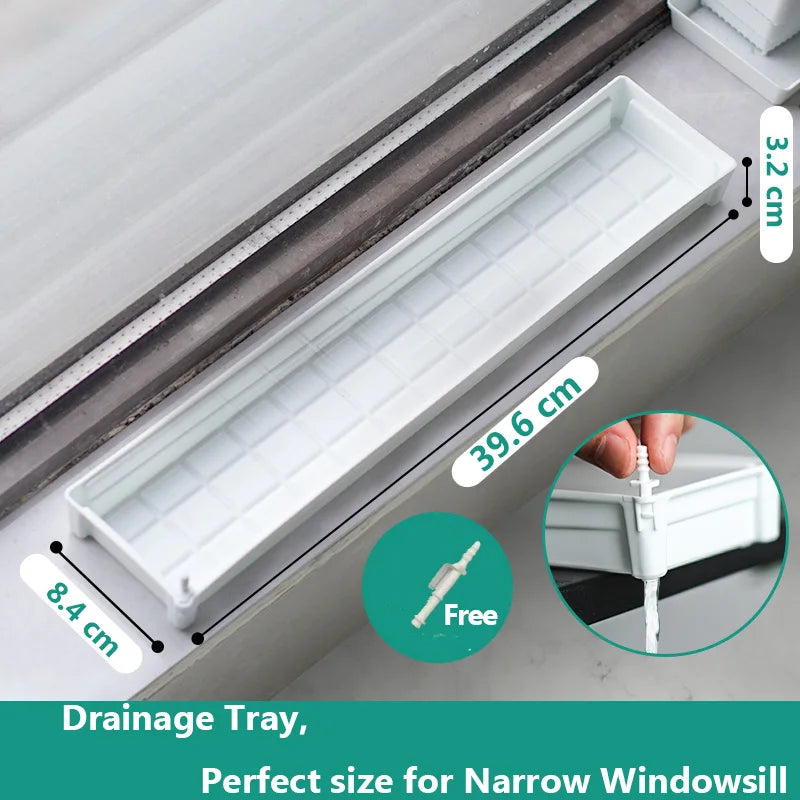 White plastic drainage tray with grid pattern cells for narrow windowsills and planter pots.