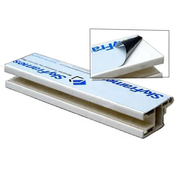 White protective tape on window profile, blue printed label and black edge