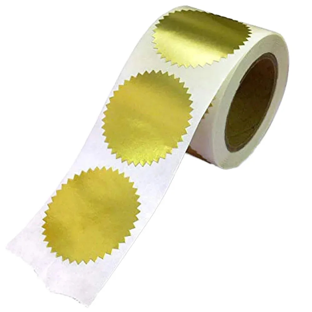 Shiny gold self-adhesive metal sticker roll with embossed scalloped label shapes