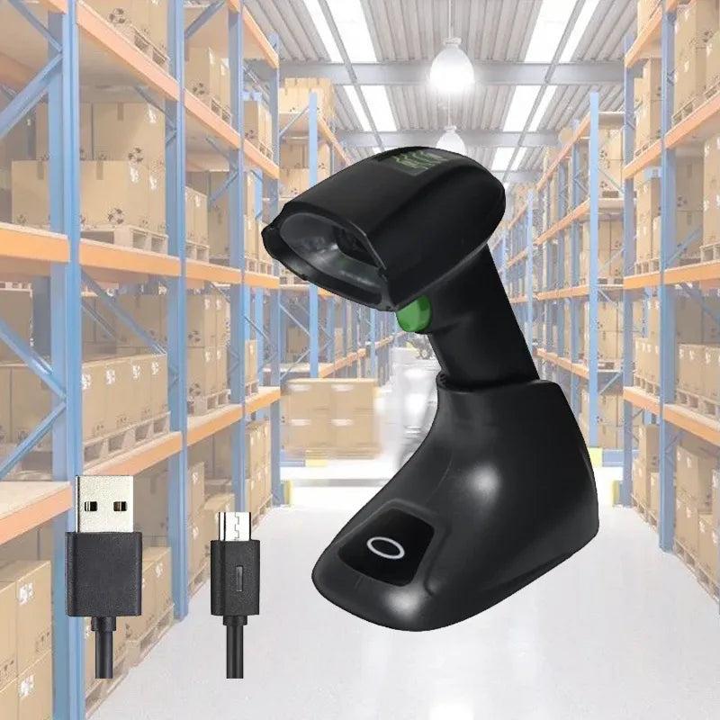 Handheld barcode scanner in a warehouse aisle, black body with green status light