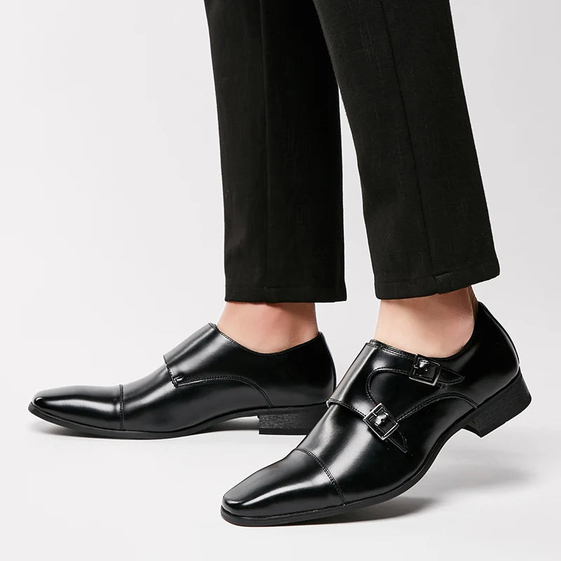 Men's Trendy Office Dress Shoes Big Size Breathable Wedding Shoes with Big Monk Strap Style Leather Style