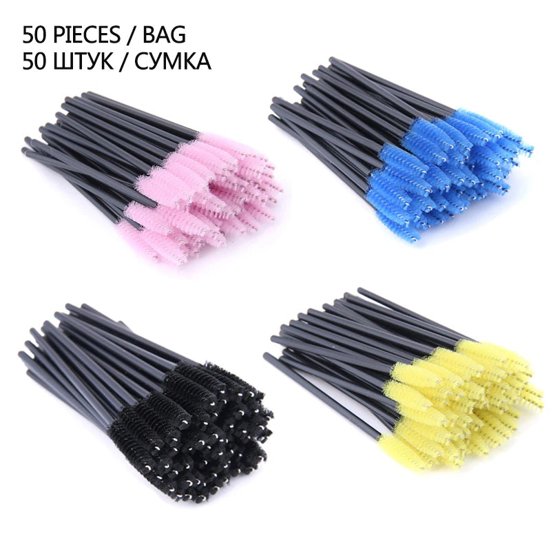 Four sets of 50 disposable eyelash spoolie brushes with black plastic handles and pink, blue, black, or yellow bristles.
