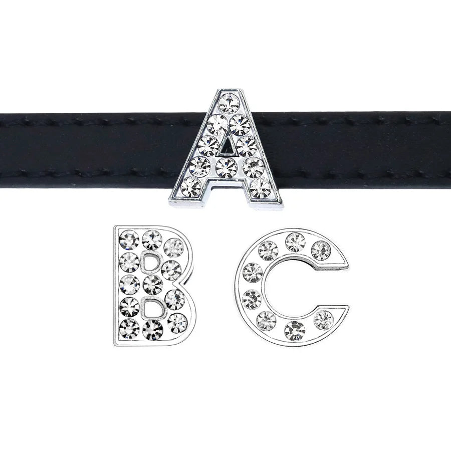 8mm silver rhinestone alphabet slide charms for DIY personalized dog collars and pet jewelry.