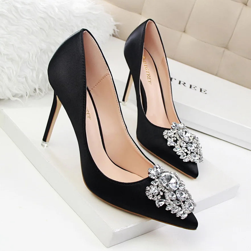 2026 New Water-Crystal Thin Heels Slip-On Solid Women's Sexy High Heel Office Formal Dress Shoes 10cm