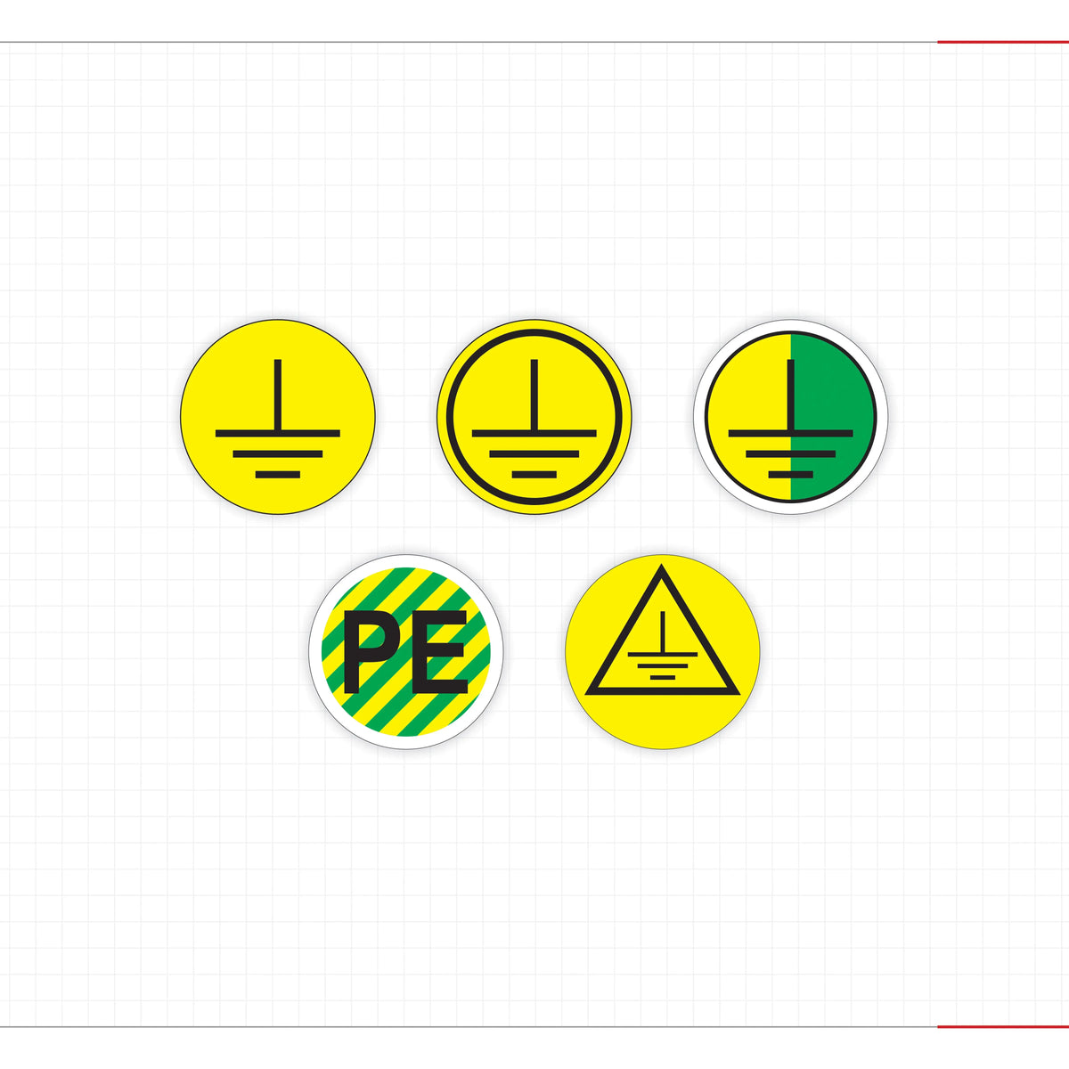Set of round safety stickers with grounding, PE, and warning triangle icons