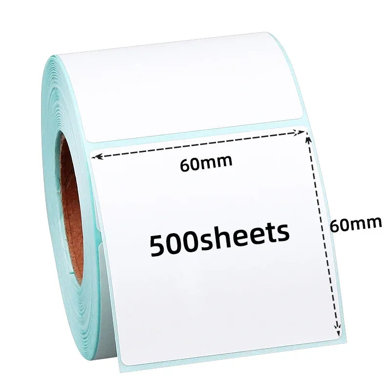 Sky blue direct thermal label roll showing 60mm x 60mm blank labels, 500 sheets