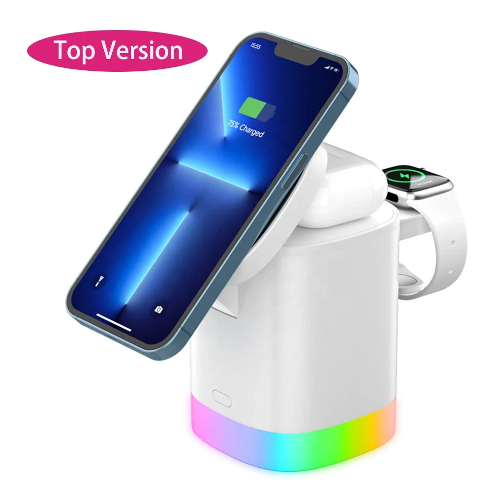 Power bank charger-Newly Fast High Version 15W Multifunctional Mobile Phone Stand Holder 5 in 1 Magnetic 3 in 1 Wireless Charger Tidesmit