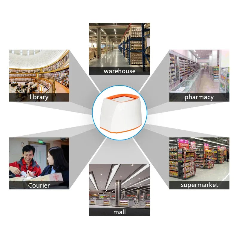 2D barcode scanner platform shown with retail and logistics scenario icons around