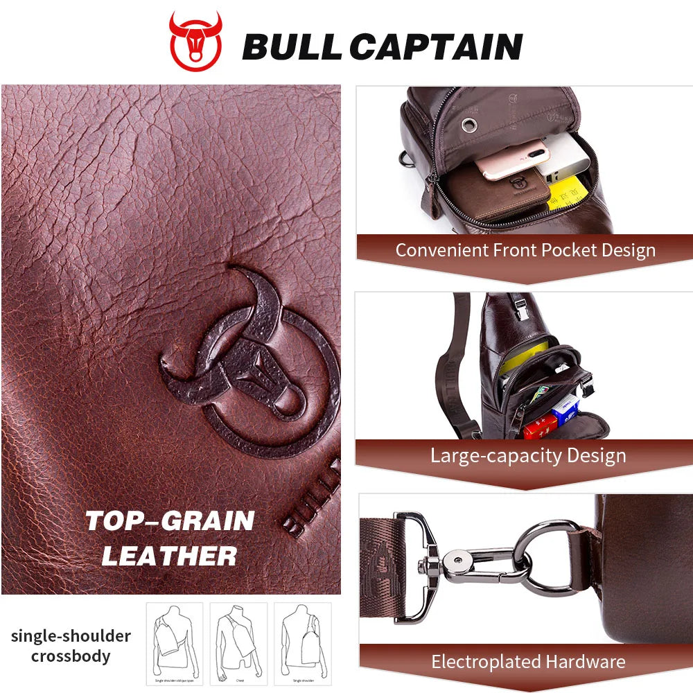 BULLCAPTAIN brown genuine cow leather sling bag, vintage crossbody trunk design with metallic hardware and zip pockets.