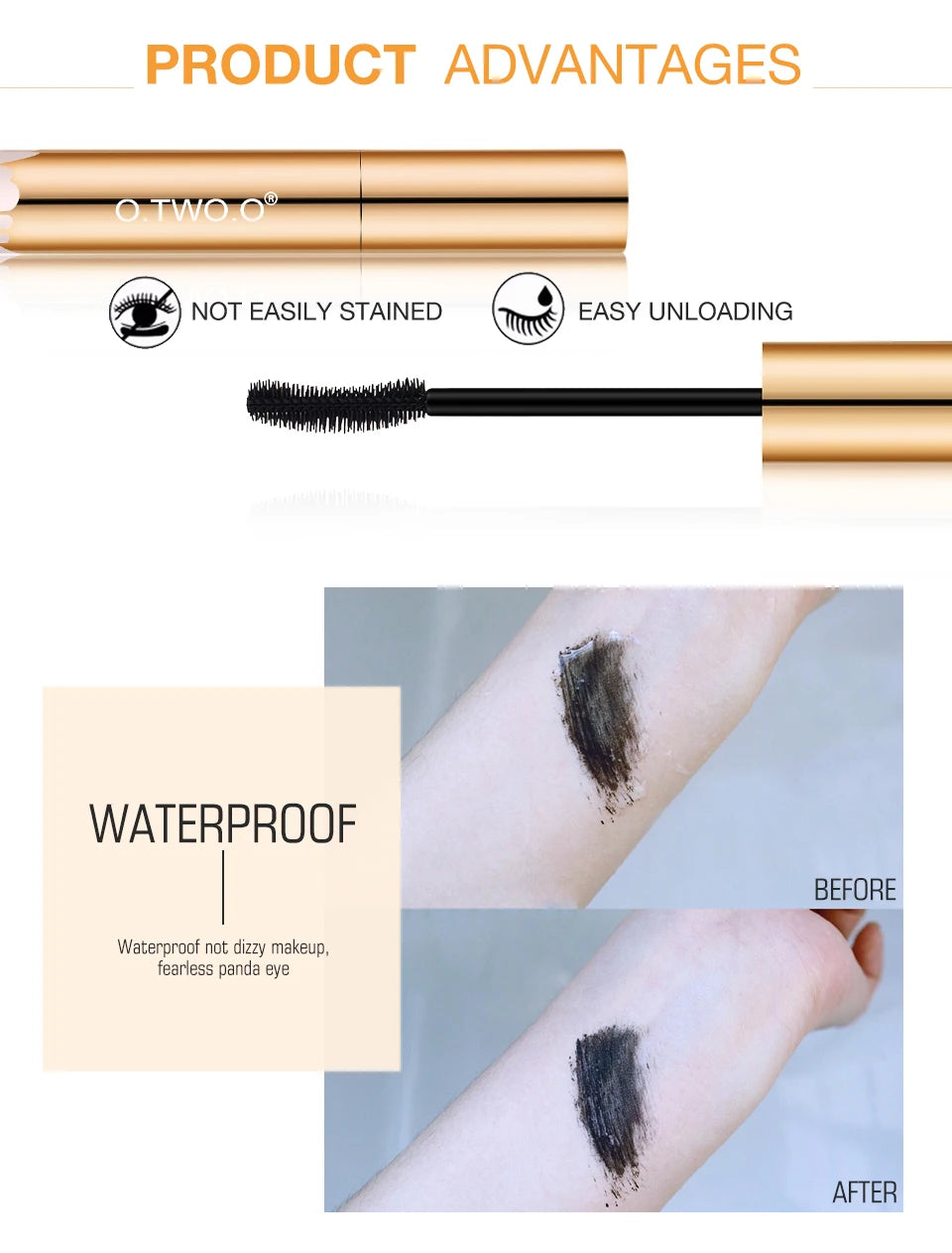 O.TWO.O gold 3D mascara tube, curved brush, and black smudge-proof waterproof formula swatch on skin.