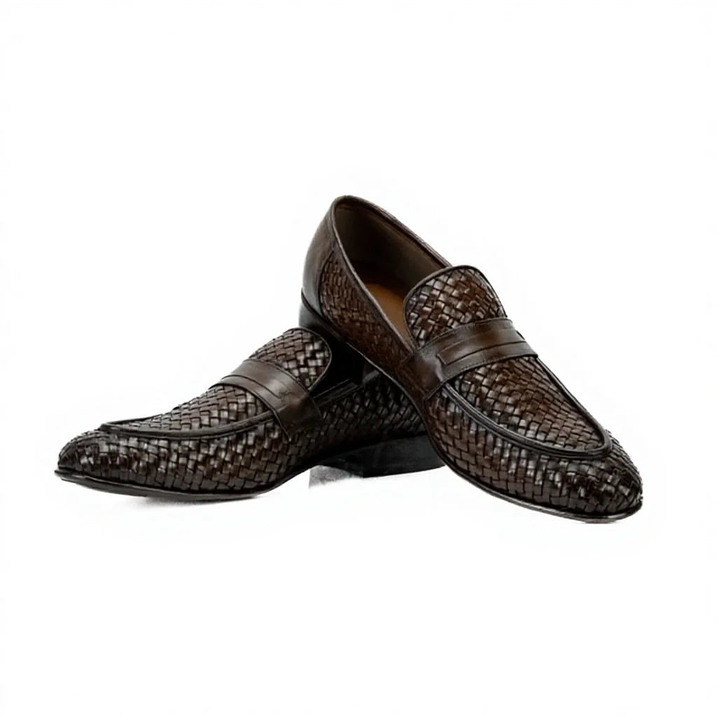 Men Woven Leather Penny Loafers Slip On Dress Shoes Luxury Handmade Formal Business Breathable Designer Fashion Footwear