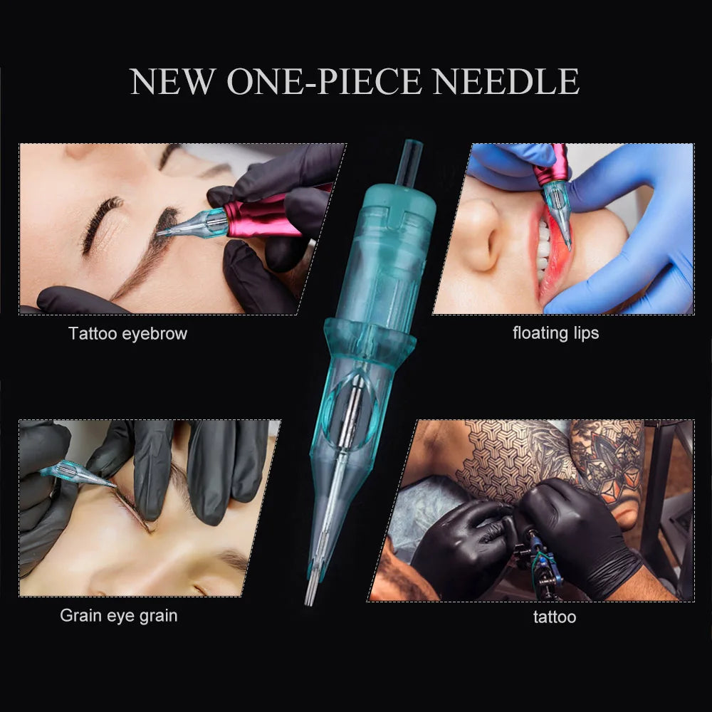 Teal plastic one-piece tattoo needle cartridge for cosmetic and body tattooing, including brows, lips, and eyeliner.
