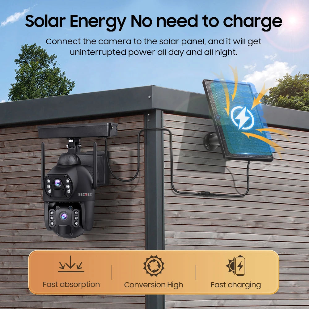 SECTEC AOV 24/7 Record Floodlight Solar Battery PTZ Metal 10W Solar Panel Outdoor Waterproof Security 4G PIR CCTV WIFI IP Camera Tidesmit