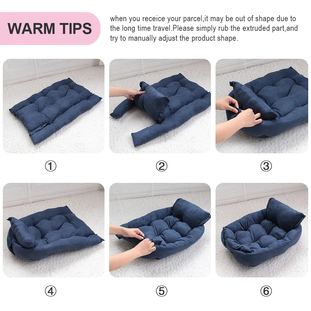 Blue warm dog sofa bed mattress, easily adjustable cushioned pet kennel for comfortable sleep and support.