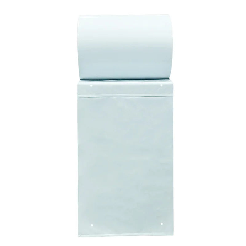 Light blue pre-opened courier bag with stacked roll top and flat rectangular body